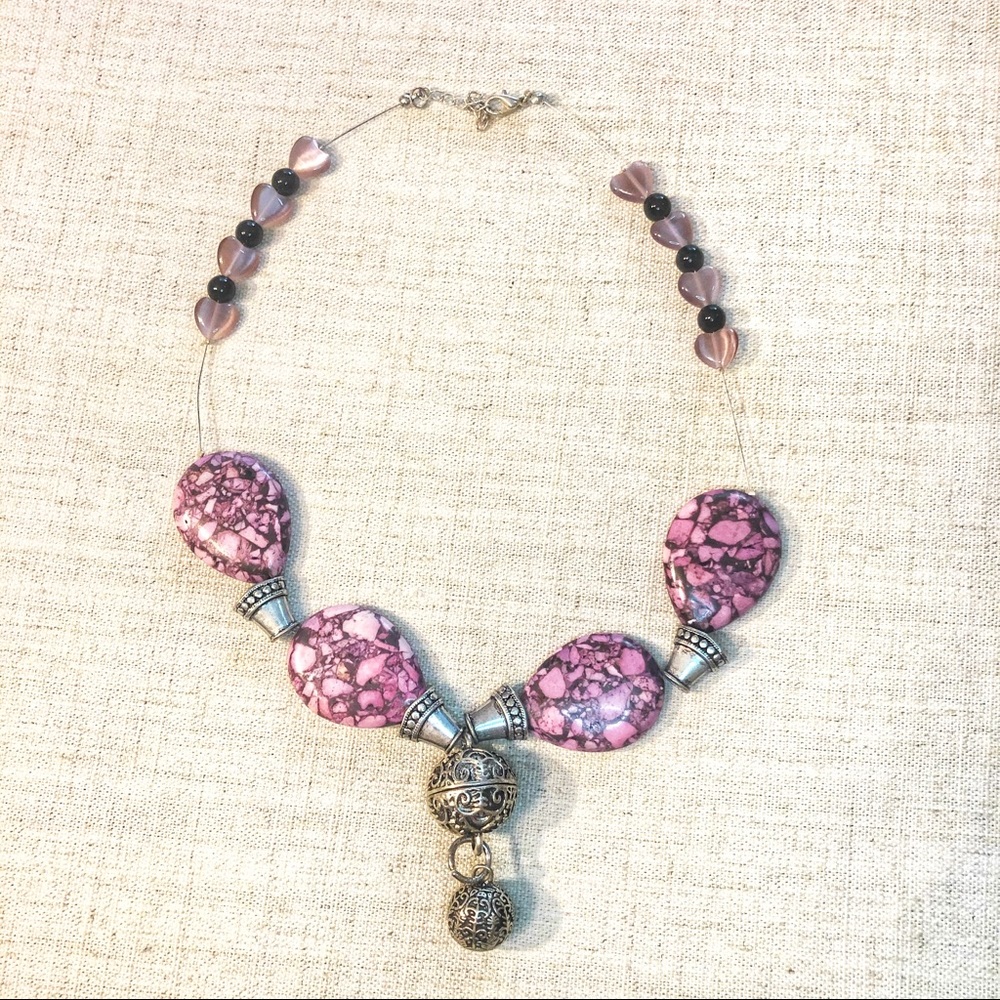 Purple stone statement necklace w silver bead drop